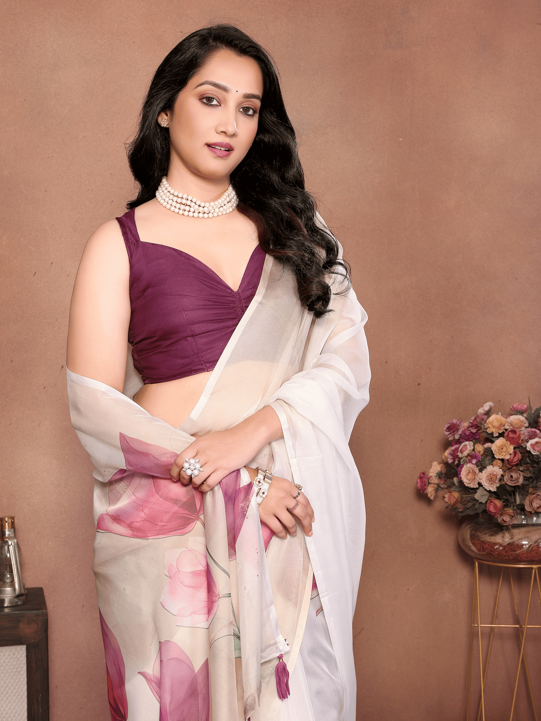 Off-White Tulip Floral Print Saree with Plum Border and Ruched Sleeveless Blouse