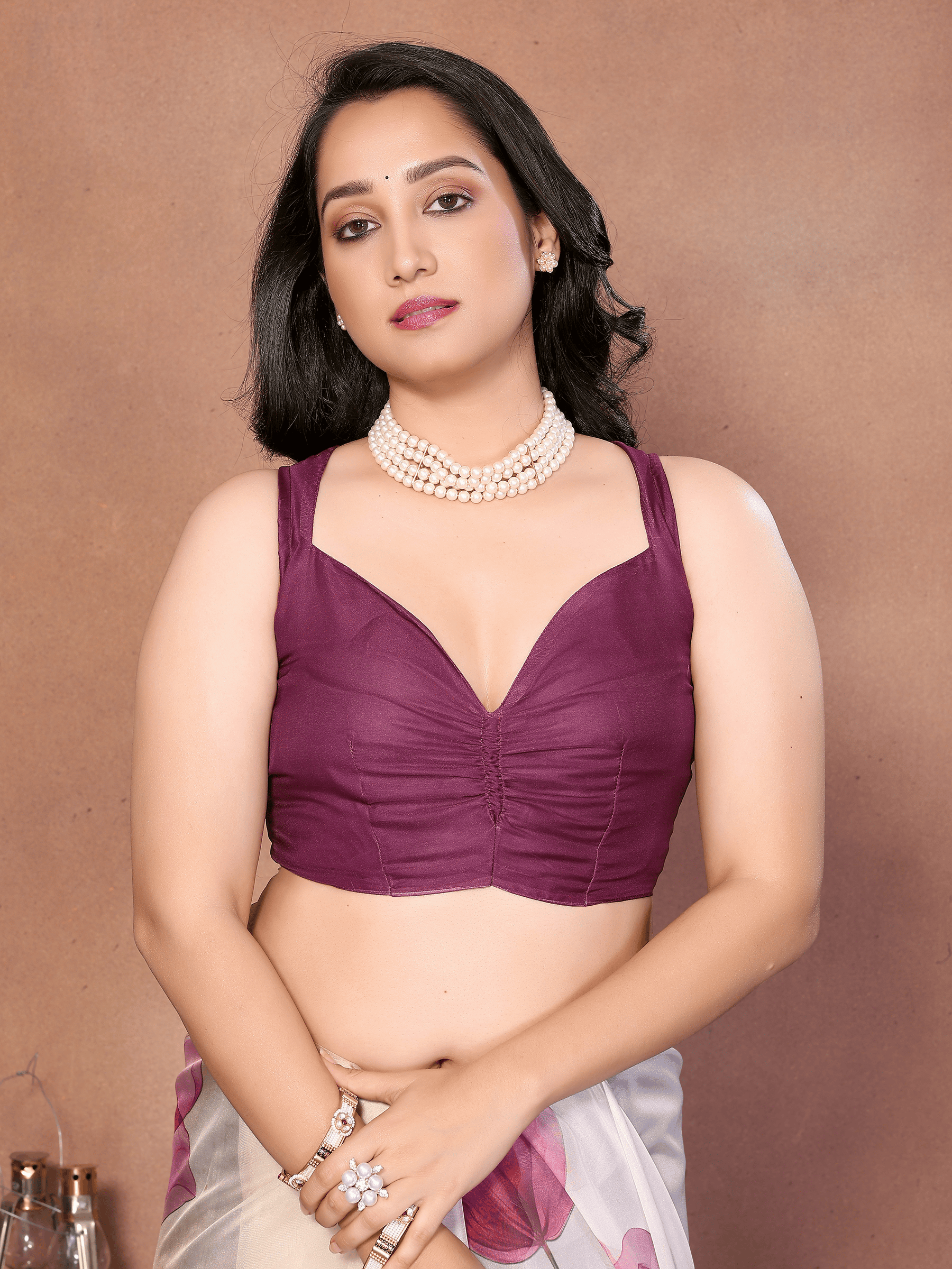 Off-White Tulip Floral Print Saree with Plum Border and Ruched Sleeveless Blouse