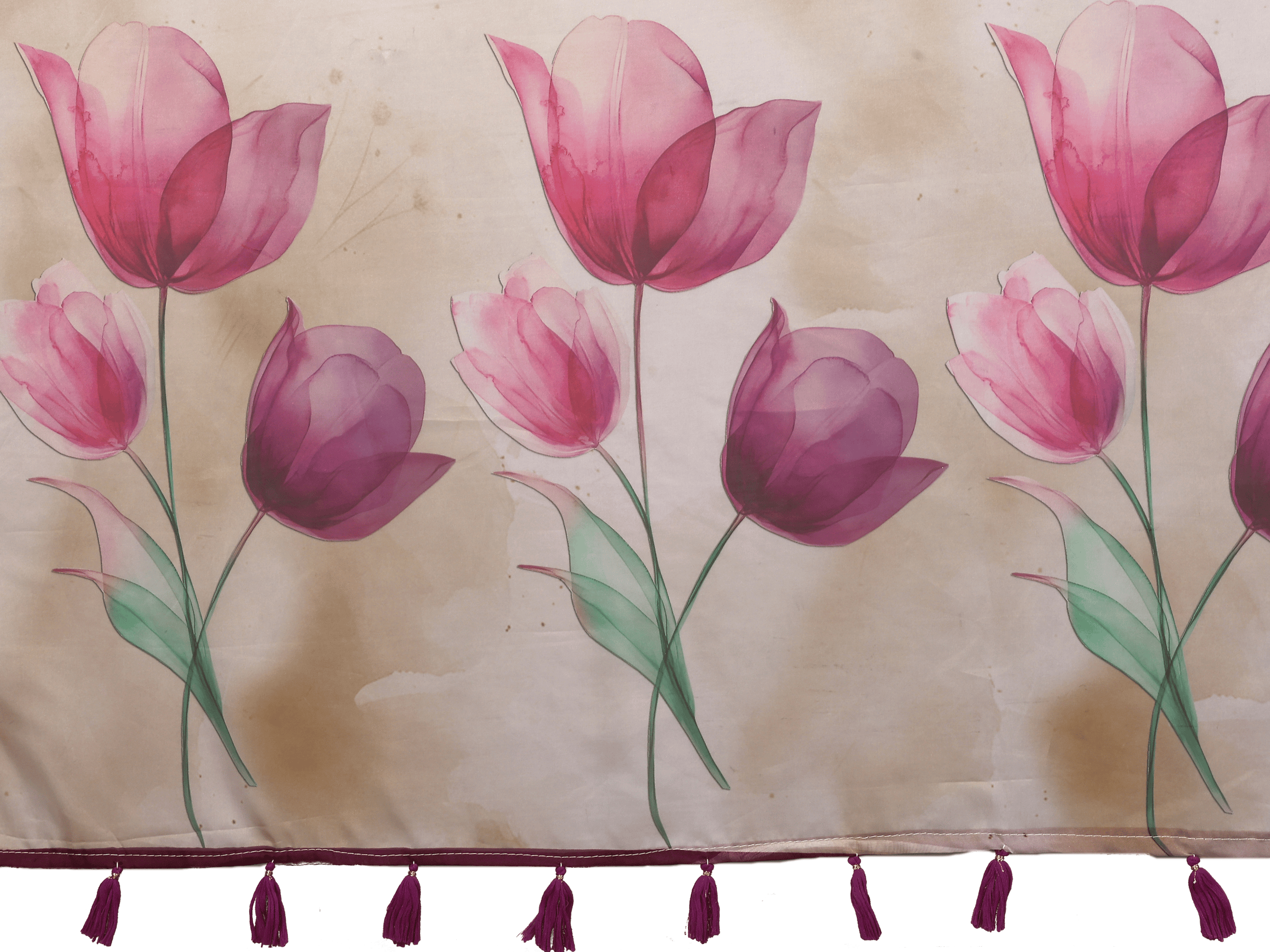 Off-White Tulip Floral Print Saree with Plum Border and Ruched Sleeveless Blouse