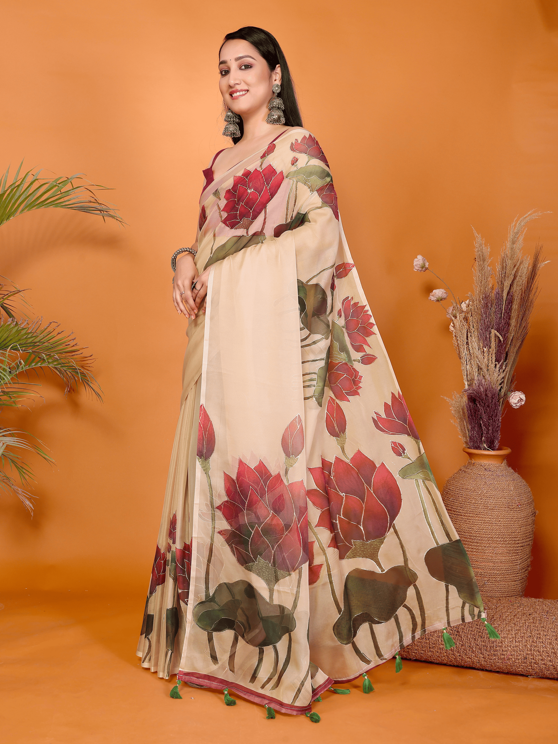 Samantha Peach Lotus Floral Print Organza Saree with Tassel Pallu