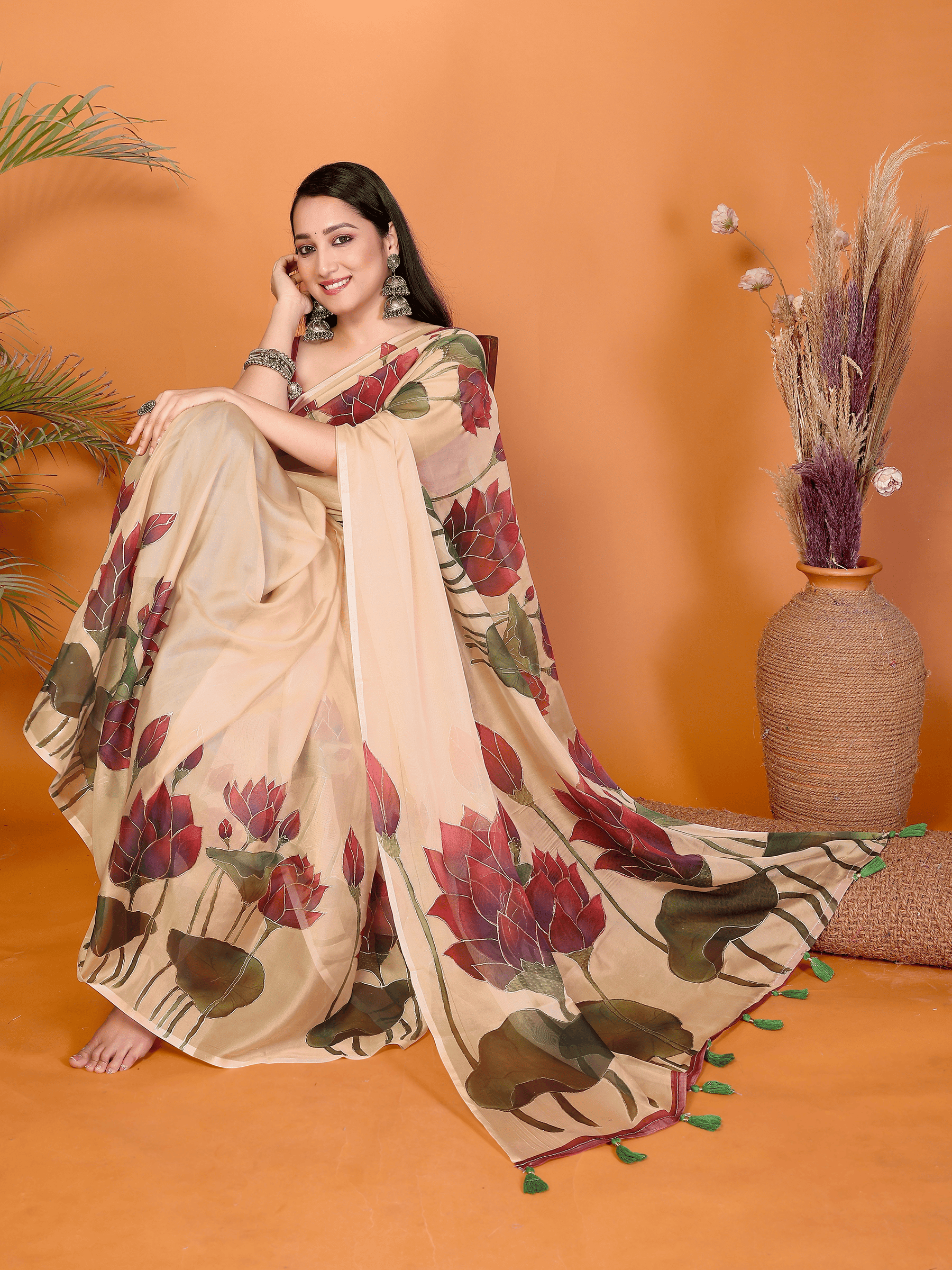 Samantha Peach Lotus Floral Print Organza Saree with Tassel Pallu