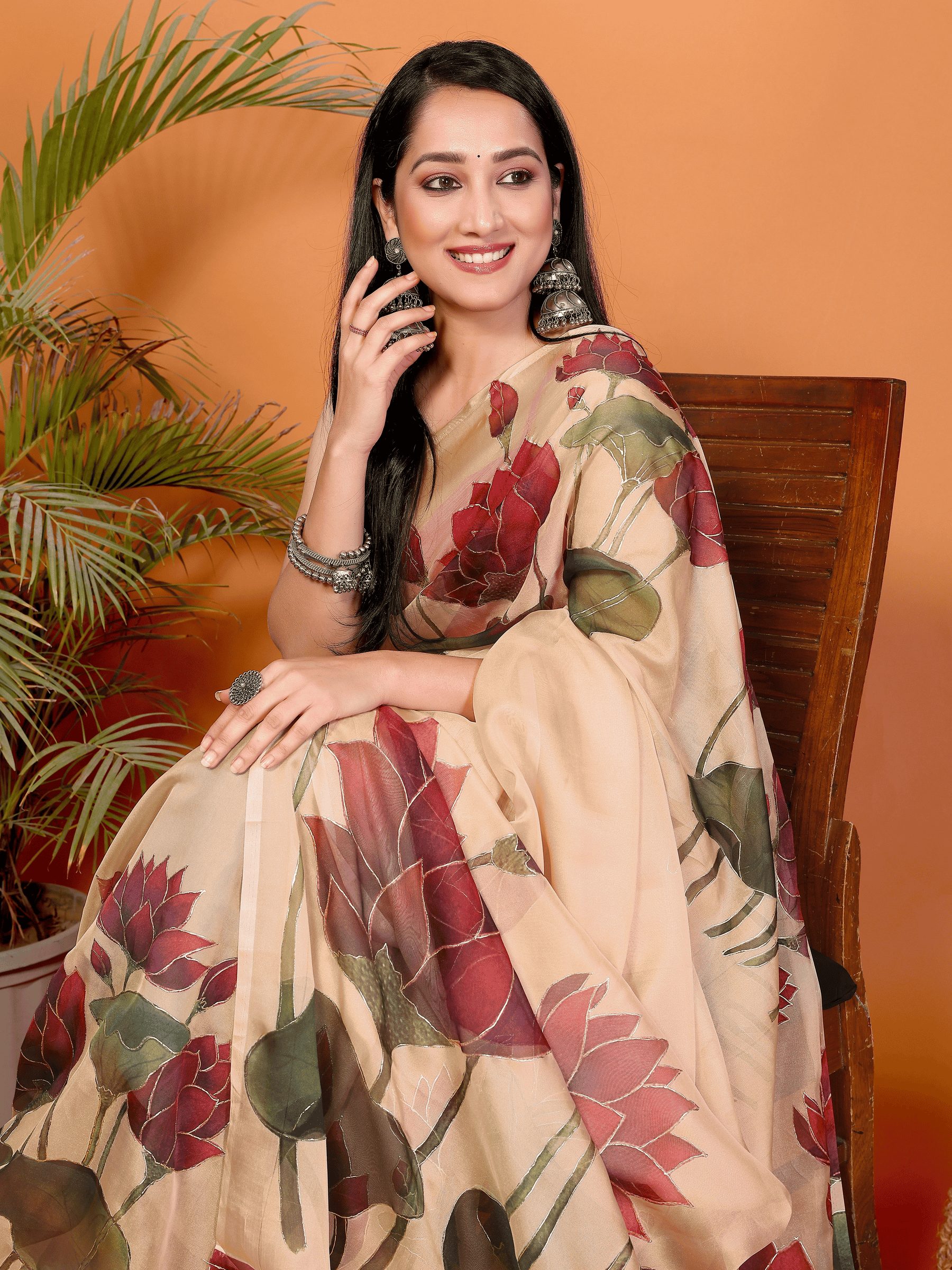 Samantha Peach Lotus Floral Print Organza Saree with Tassel Pallu