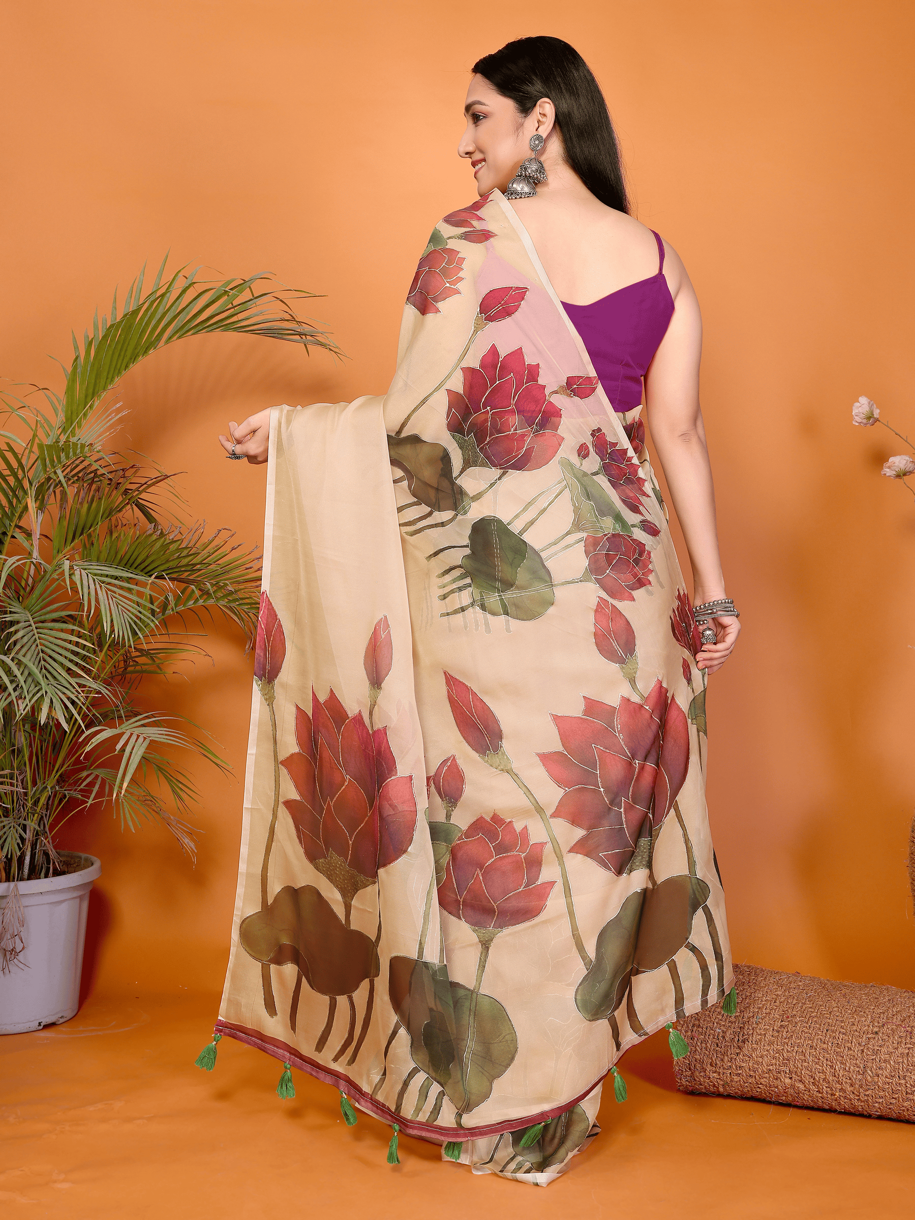 Samantha Peach Lotus Floral Print Organza Saree with Tassel Pallu