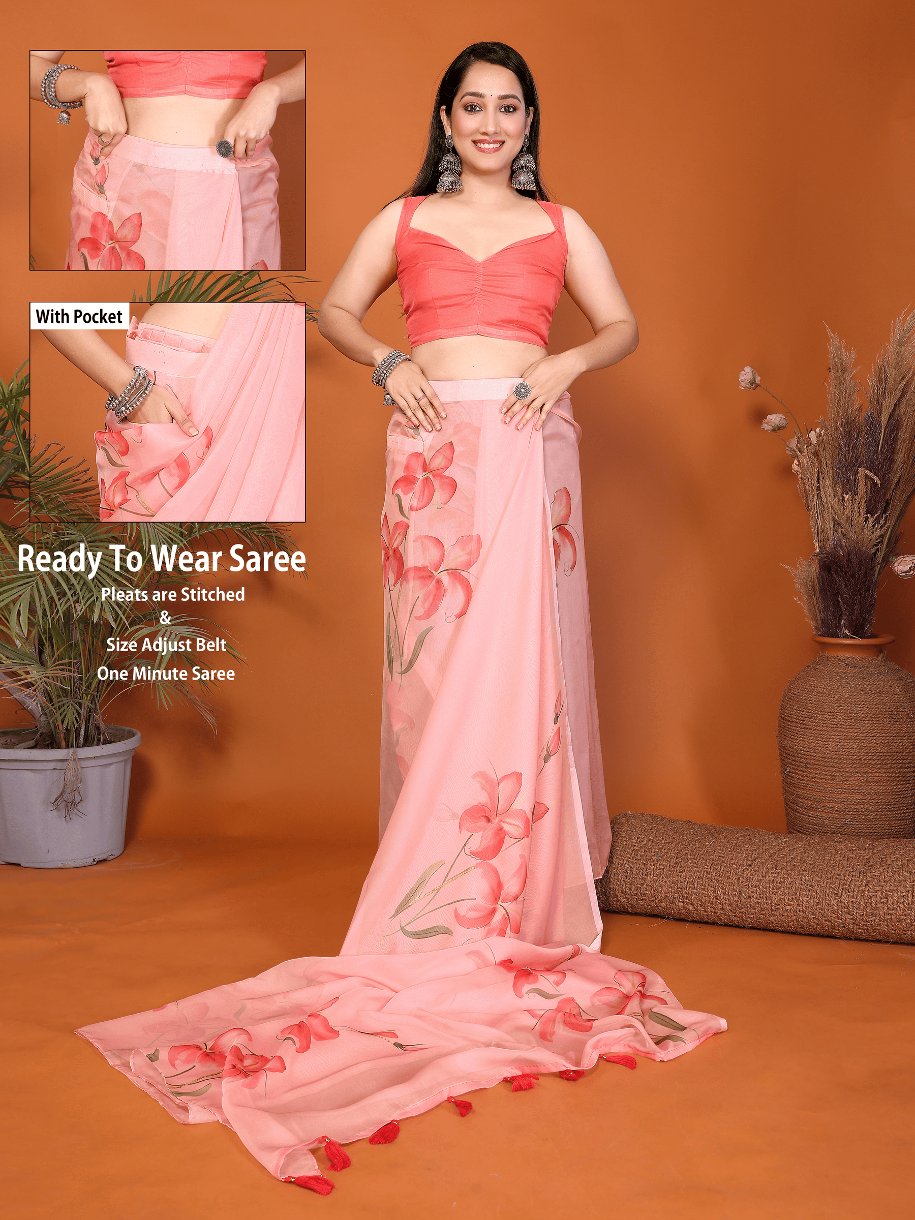Peach Floral Ready-to-Wear Saree with Pocket and Tassel Pallu