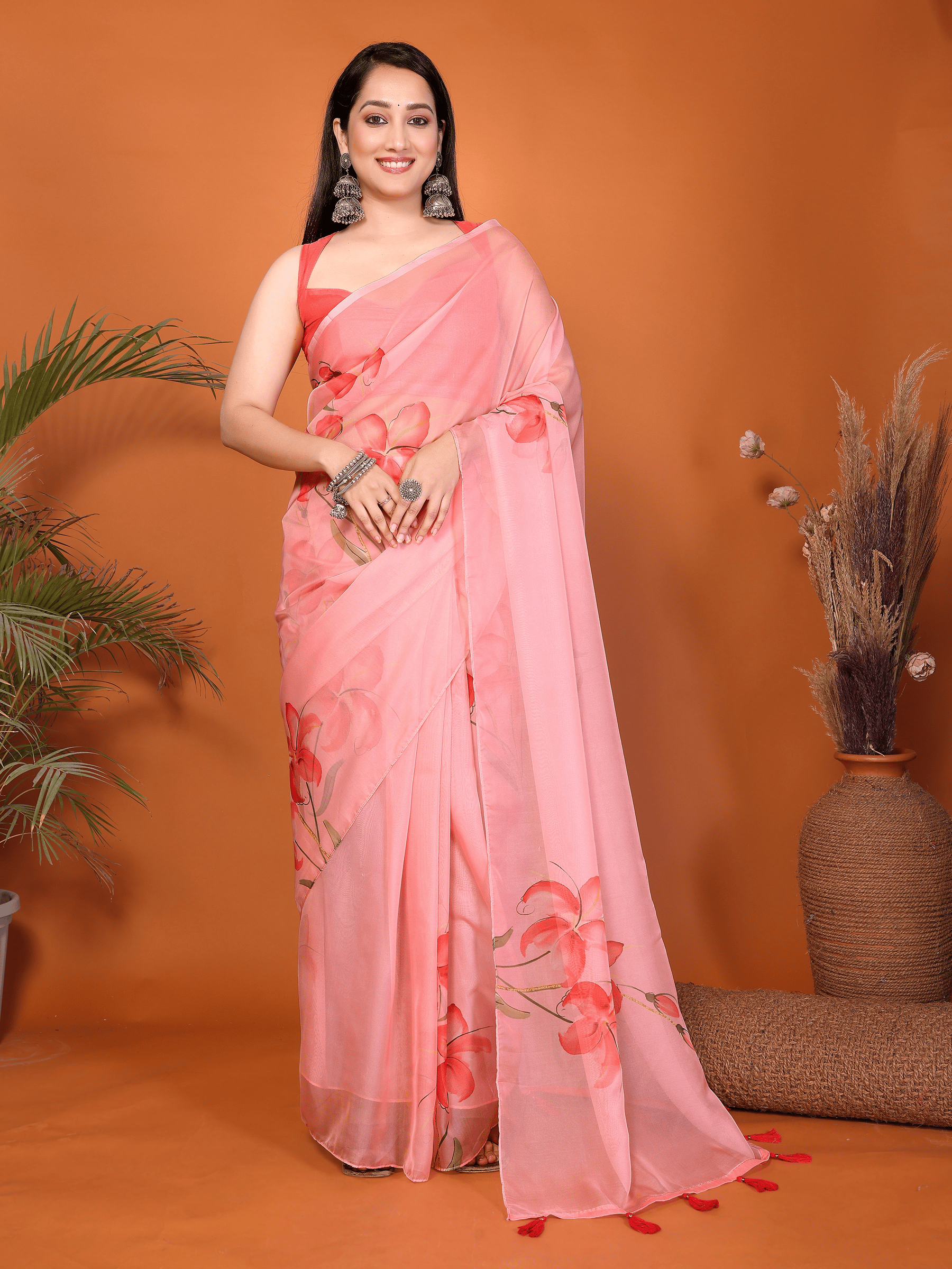 Peach Floral Ready-to-Wear Saree with Pocket and Tassel Pallu