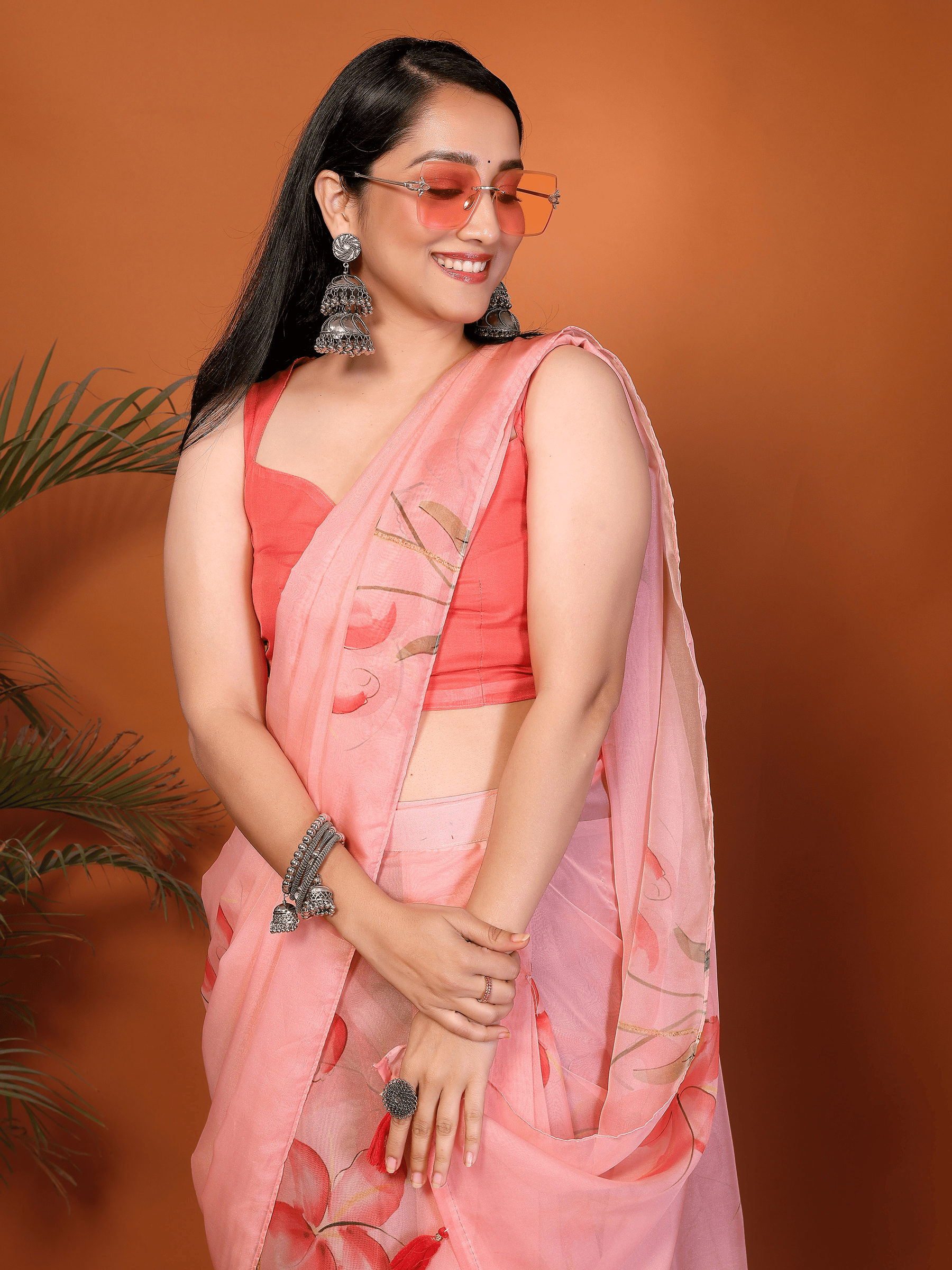 Peach Floral Ready-to-Wear Saree with Pocket and Tassel Pallu