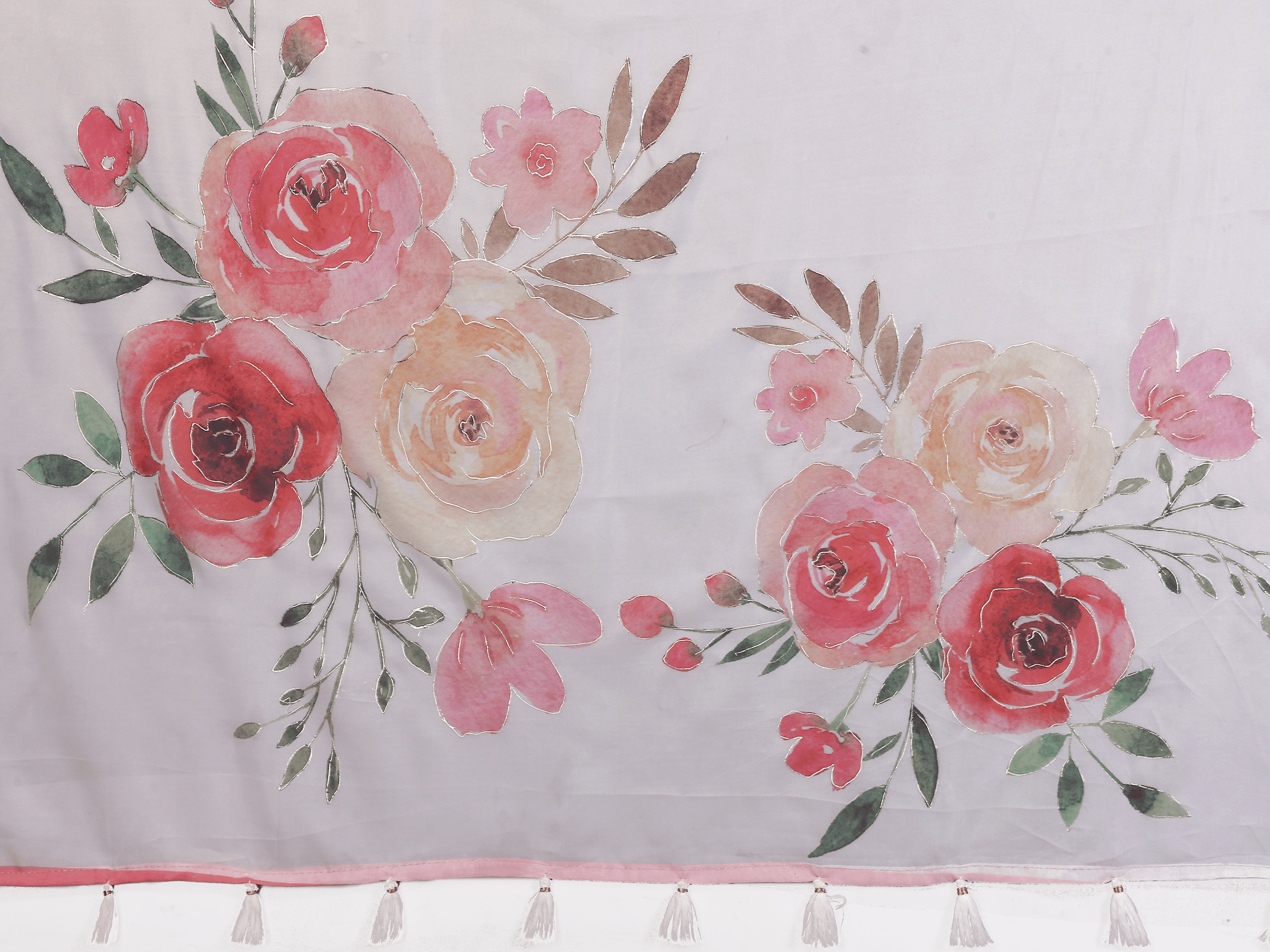 White Floral Print Saree with Pink Rose Motifs and Ruched Sleeveless Blouse