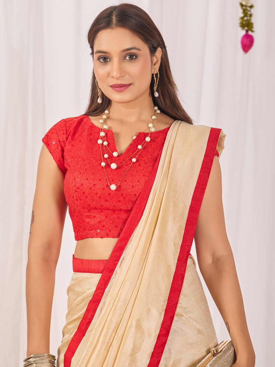 Champagne Gold Ready-to-Wear Shimmer Saree with Sequin Border and Red Strappy Blouse