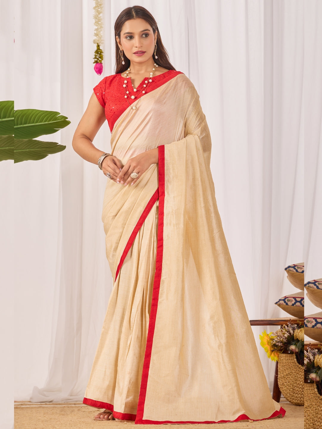 Champagne Gold Ready-to-Wear Shimmer Saree with Sequin Border and Red Strappy Blouse