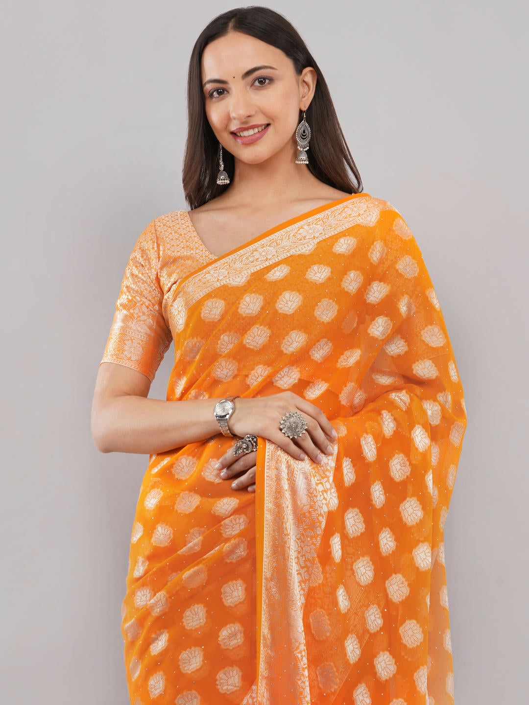 Samantha Bright Orange And White Abstract Geometric Printed Georgette Saree With Unstitched Blouse Piece For Women Casual Wear
