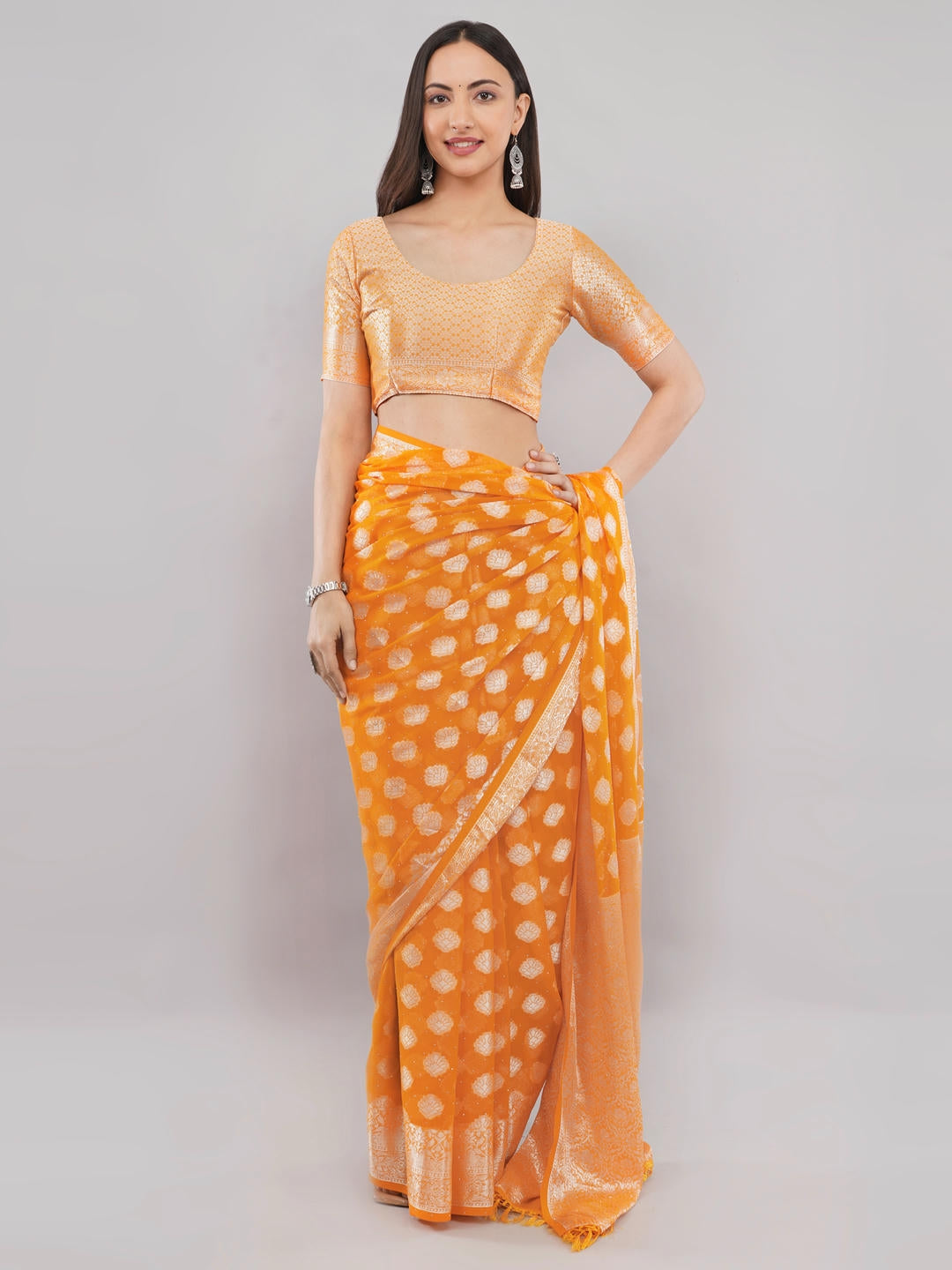 Samantha Bright Orange And White Abstract Geometric Printed Georgette Saree With Unstitched Blouse Piece For Women Casual Wear