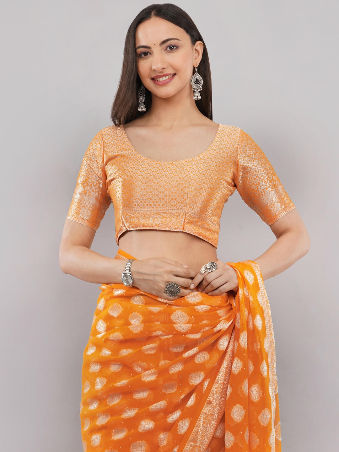 Samantha Bright Orange And White Abstract Geometric Printed Georgette Saree With Unstitched Blouse Piece For Women Casual Wear