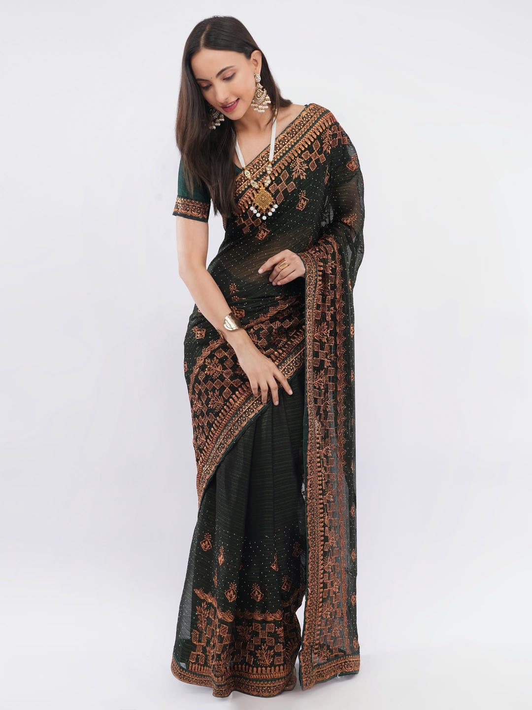 Samantha Dark Green And Red Contrast Tissue Silk Shimmer Saree With Unstitched Blouse Piece For Women Party Wear