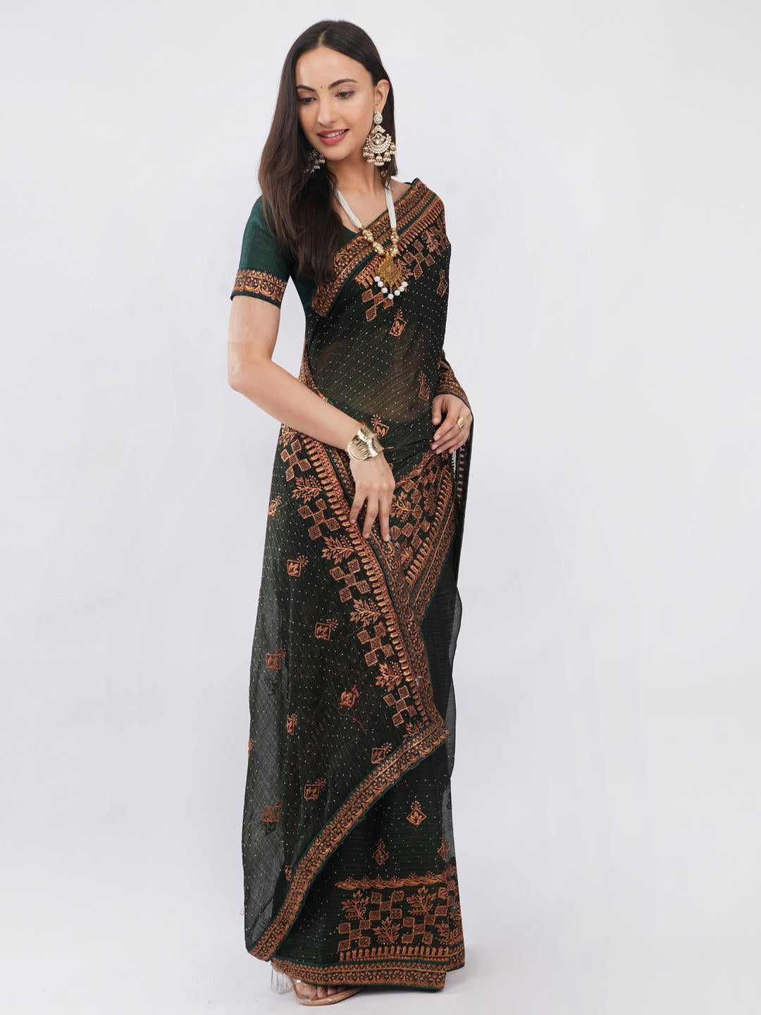 Samantha Dark Green And Red Contrast Tissue Silk Shimmer Saree With Unstitched Blouse Piece For Women Party Wear
