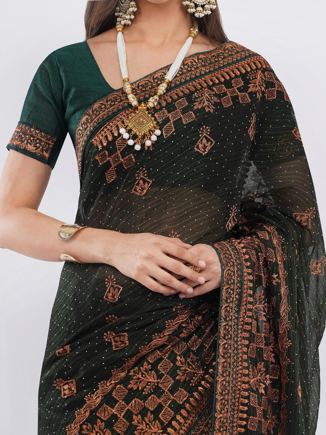 Samantha Dark Green And Red Contrast Tissue Silk Shimmer Saree With Unstitched Blouse Piece For Women Party Wear