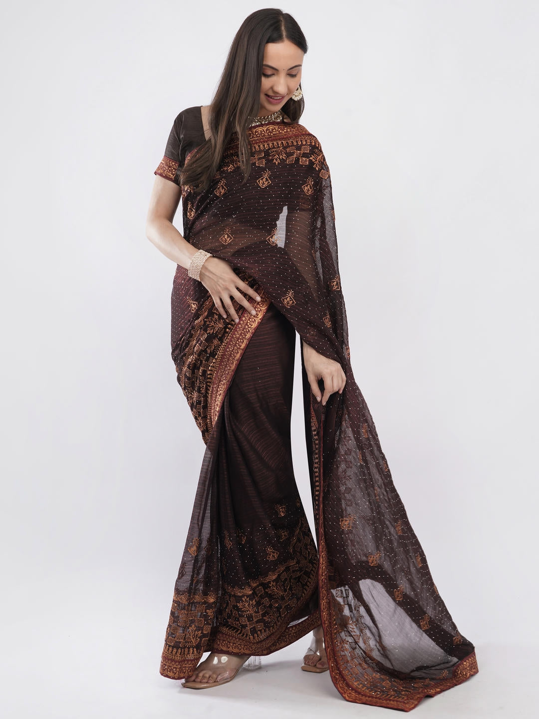 Samantha Brown And Red Contrast Tissue Silk Shimmer Saree With Unstitched Blouse Piece For Women Party Wear