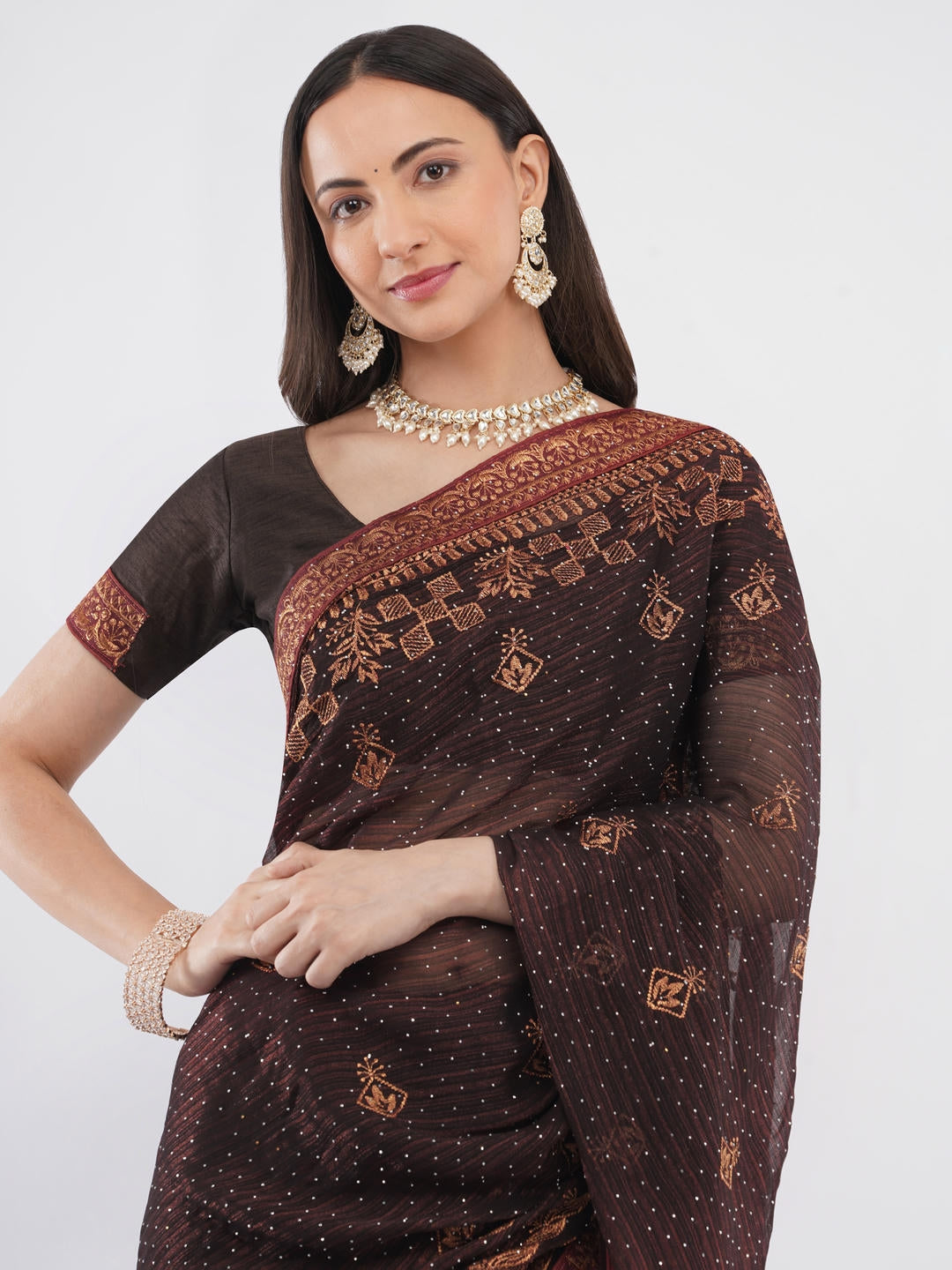 Samantha Brown And Red Contrast Tissue Silk Shimmer Saree With Unstitched Blouse Piece For Women Party Wear