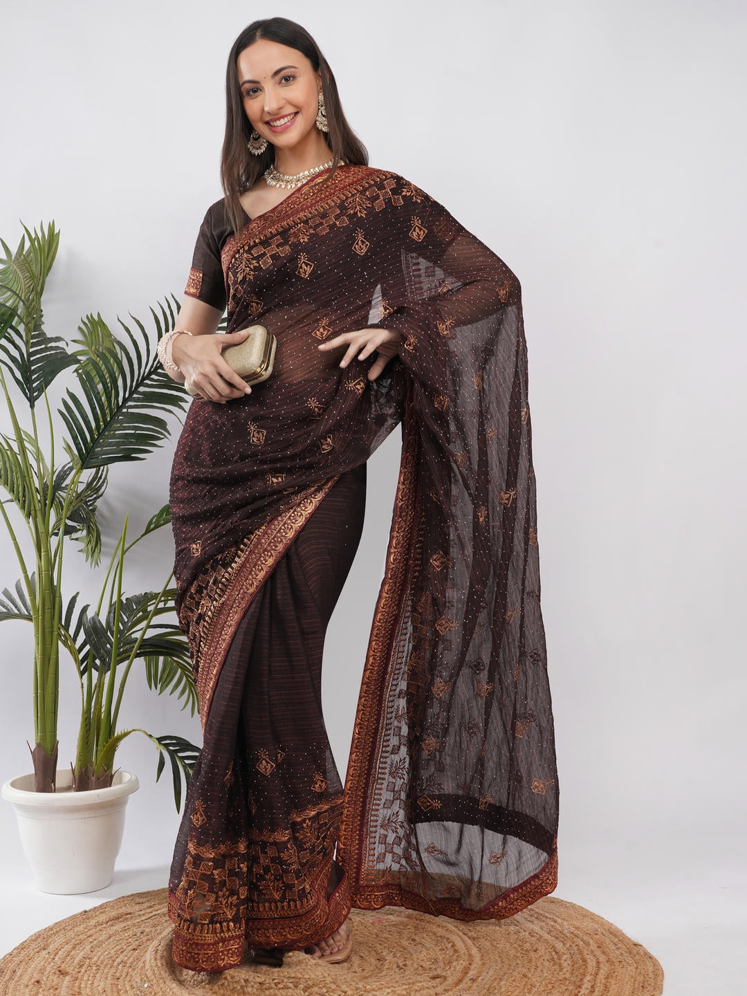 Samantha Brown And Red Contrast Tissue Silk Shimmer Saree With Unstitched Blouse Piece For Women Party Wear