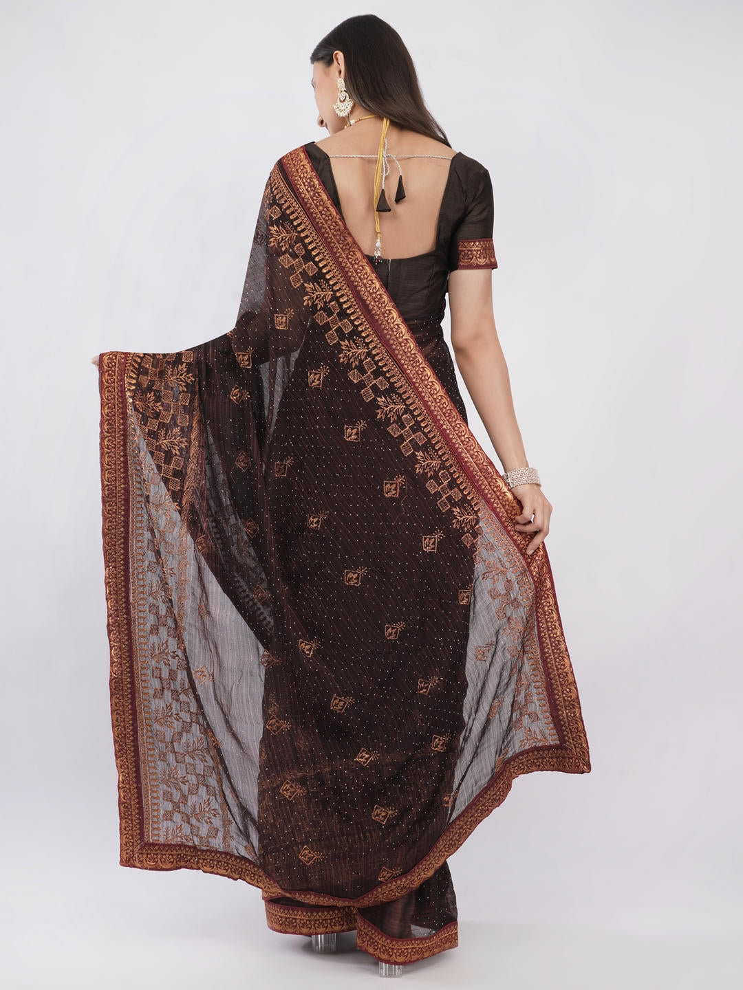 Samantha Brown And Red Contrast Tissue Silk Shimmer Saree With Unstitched Blouse Piece For Women Party Wear