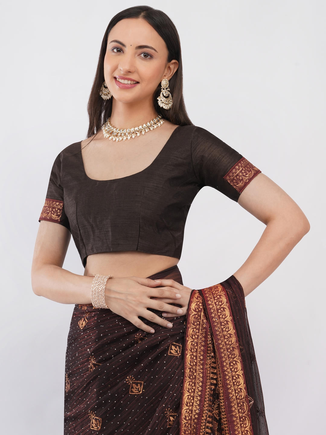 Samantha Brown And Red Contrast Tissue Silk Shimmer Saree With Unstitched Blouse Piece For Women Party Wear