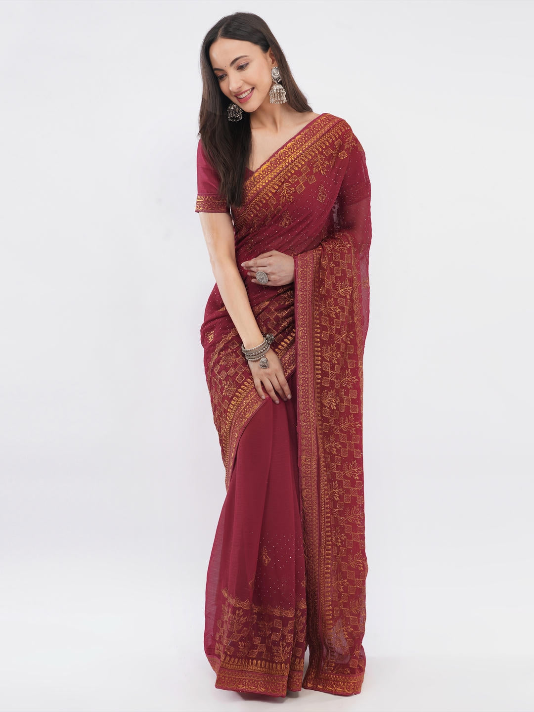Samantha Red And Dark Green Contrast Tissue Silk Shimmer Saree With Unstitched Blouse Piece For Women Party Wear