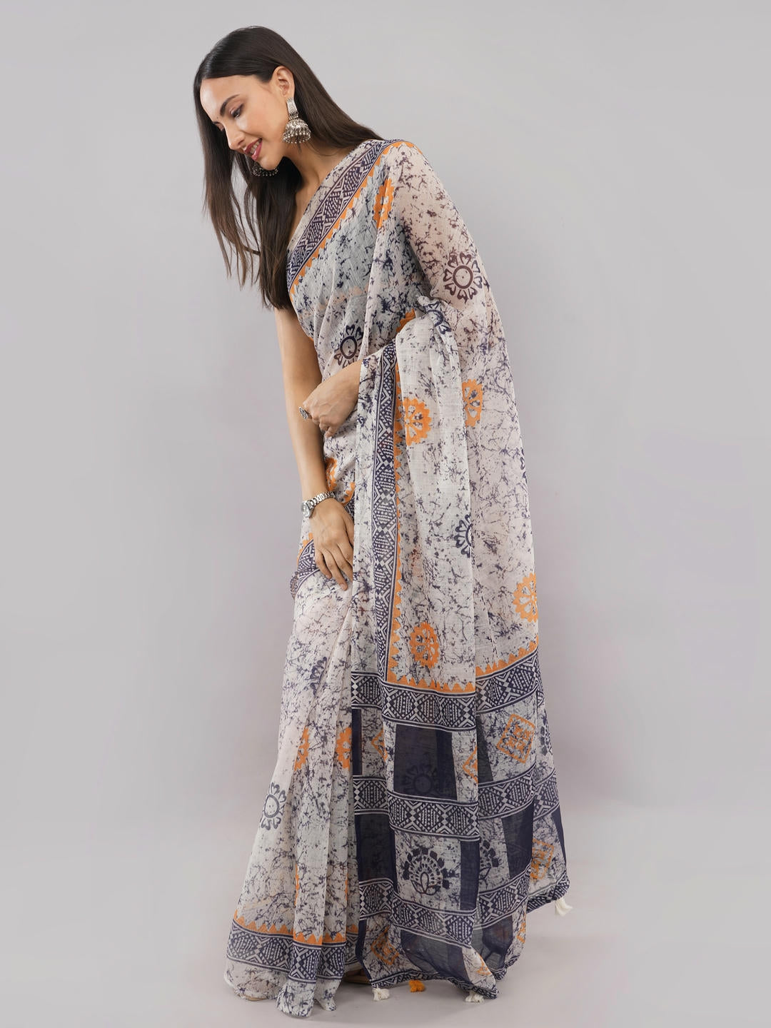 Samantha Multicolor Floral Geometric Printed Linen Fabric Saree With Unstitched Blouse Piece For Women Daily Office Wear