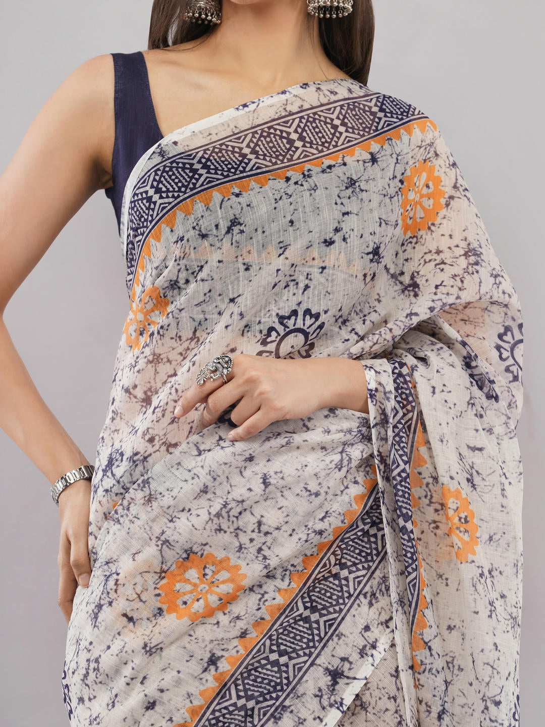 Samantha Multicolor Floral Geometric Printed Linen Fabric Saree With Unstitched Blouse Piece For Women Daily Office Wear