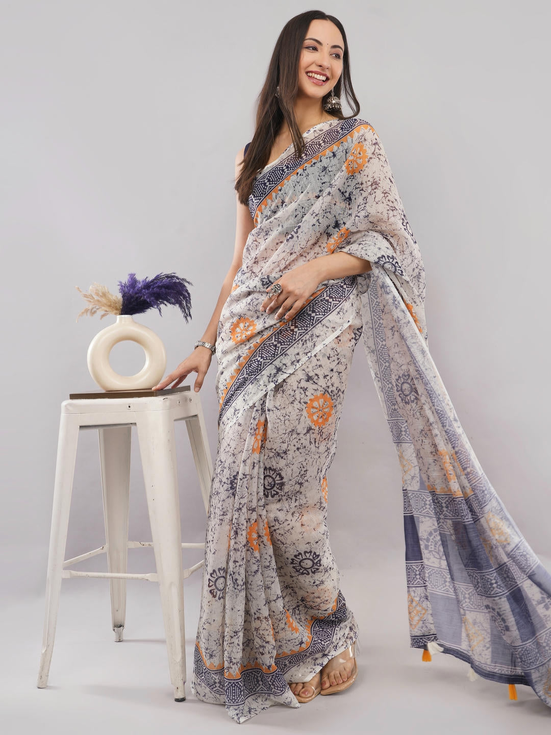 Samantha Multicolor Floral Geometric Printed Linen Fabric Saree With Unstitched Blouse Piece For Women Daily Office Wear