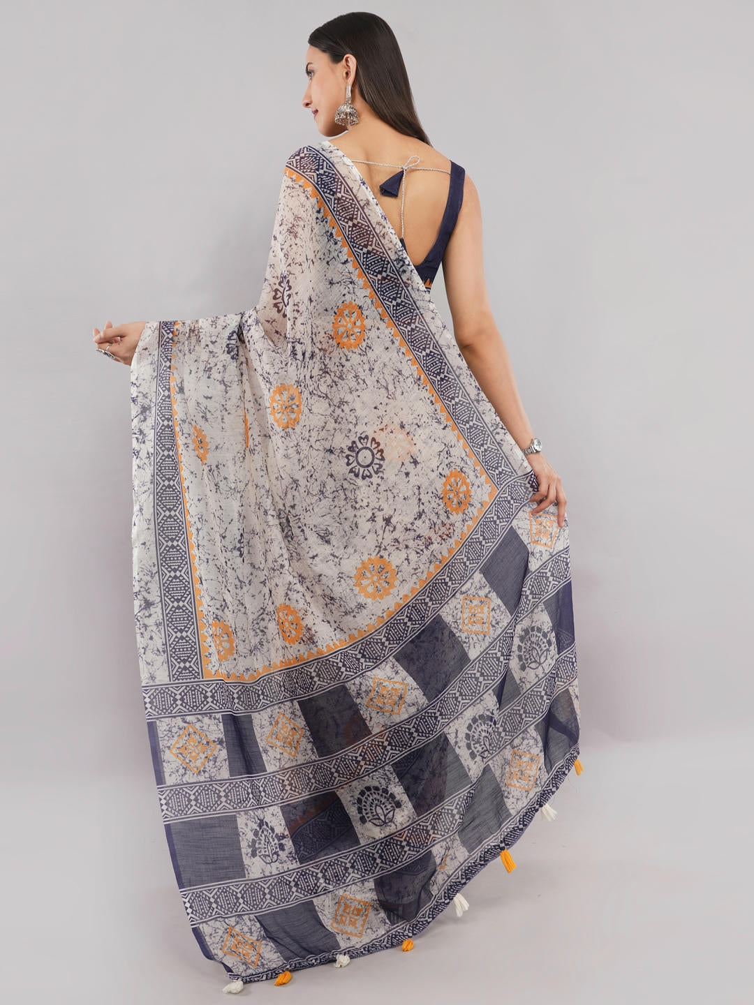 Samantha Multicolor Floral Geometric Printed Linen Fabric Saree With Unstitched Blouse Piece For Women Daily Office Wear