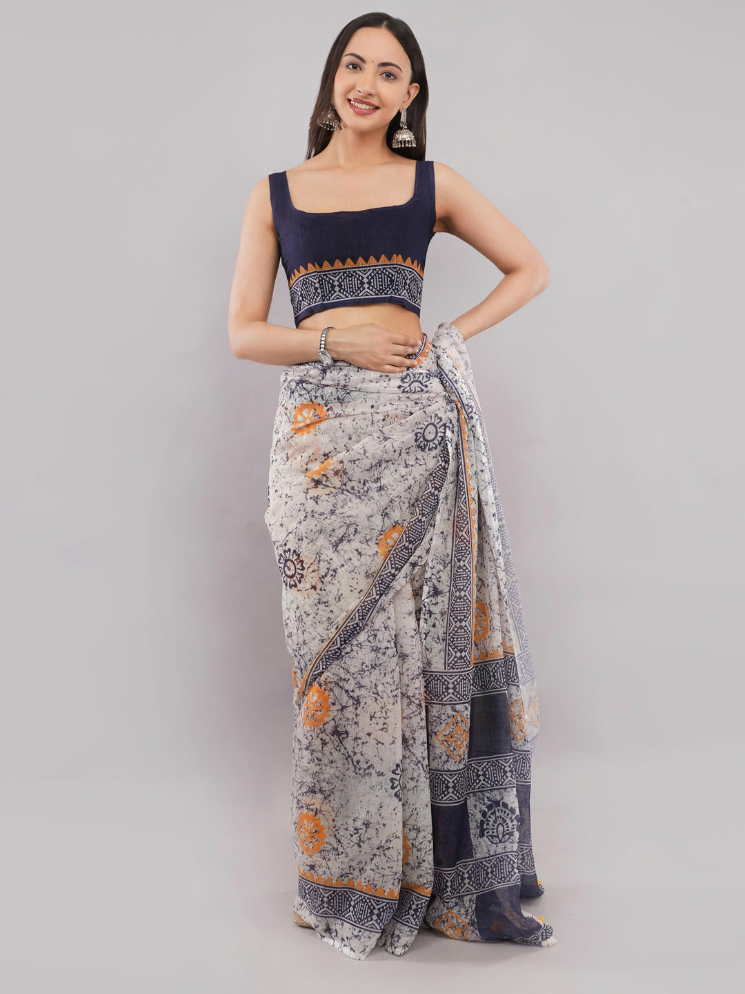 Samantha Multicolor Floral Geometric Printed Linen Fabric Saree With Unstitched Blouse Piece For Women Daily Office Wear
