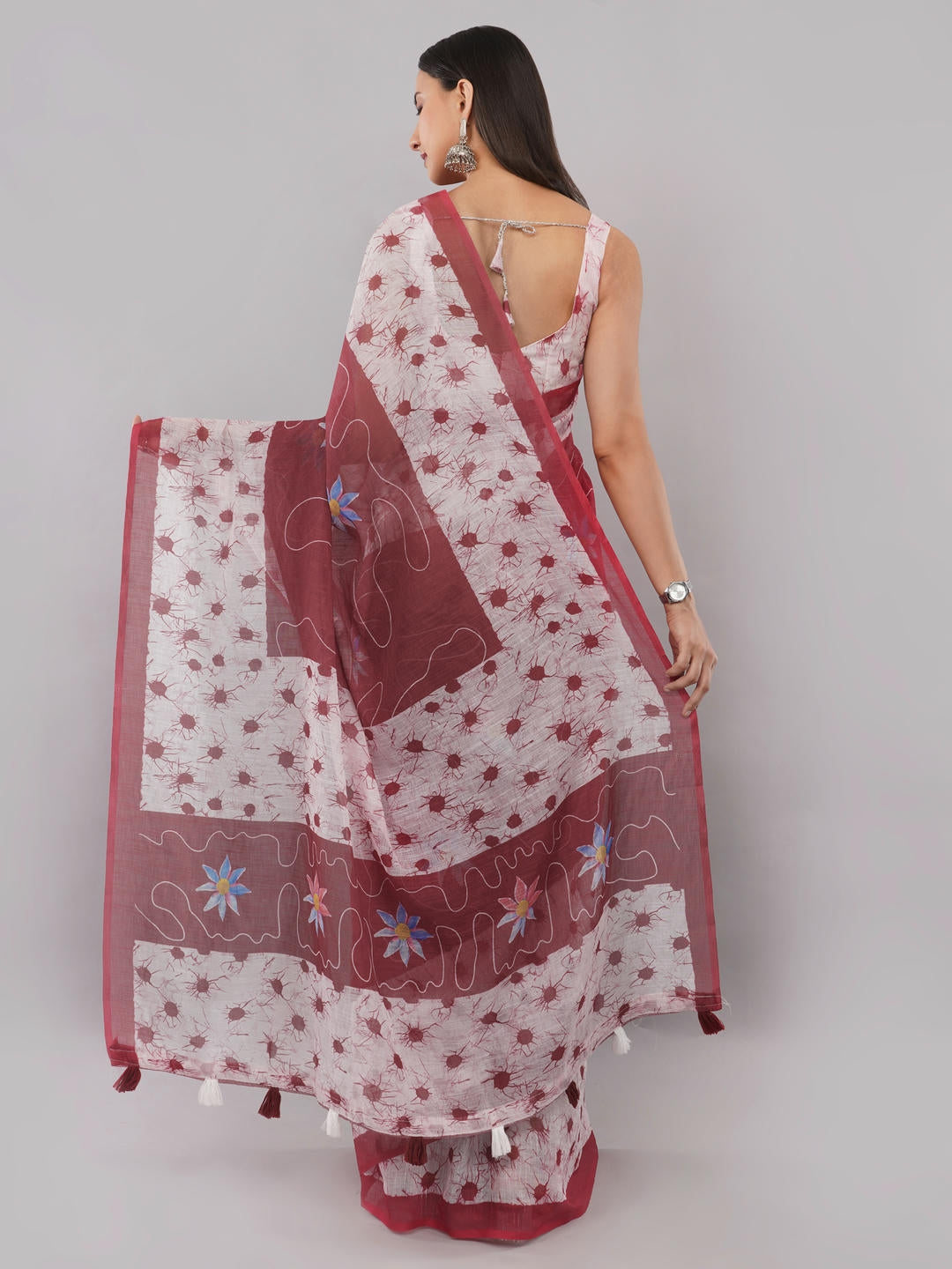 Samantha Maroon And White Floral Geometric Printed Linen Fabric Saree With Unstitched Blouse Piece For Women Daily Office Wear