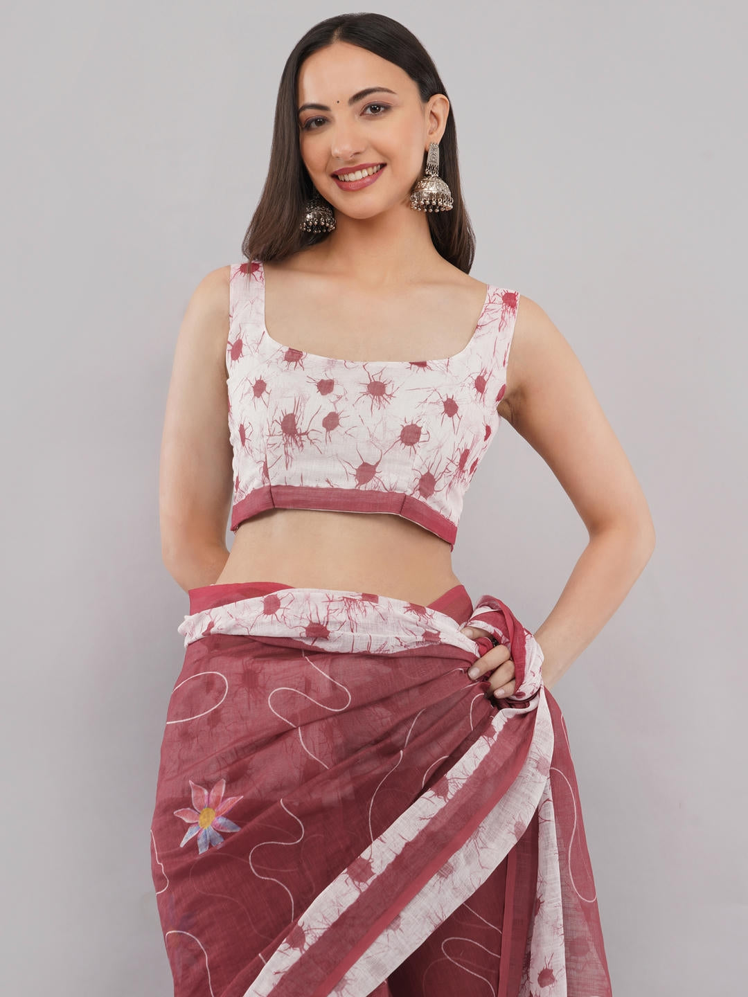 Samantha Maroon And White Floral Geometric Printed Linen Fabric Saree With Unstitched Blouse Piece For Women Daily Office Wear