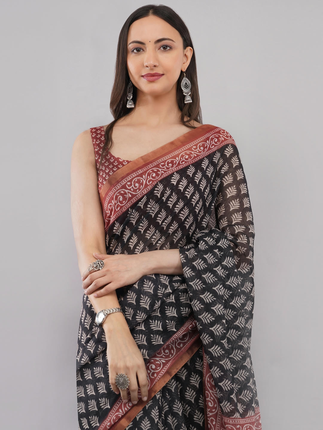 Samantha Off White Black And Red Floral Geometric Printed Linen Fabric Saree With Unstitched Blouse Piece For Women Daily Office Wear