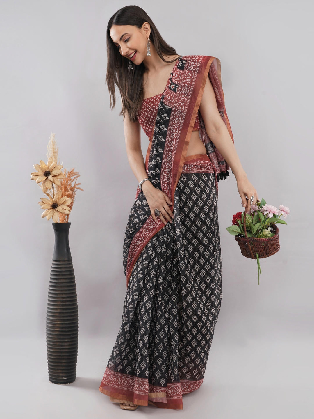 Samantha Off White Black And Red Floral Geometric Printed Linen Fabric Saree With Unstitched Blouse Piece For Women Daily Office Wear