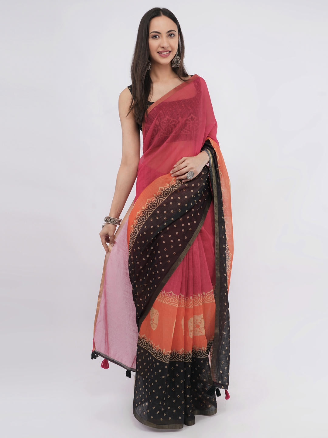 Samantha Off White Red And Orange Floral Geometric Printed Linen Fabric Saree With Unstitched Blouse Piece For Women Daily Office Wear