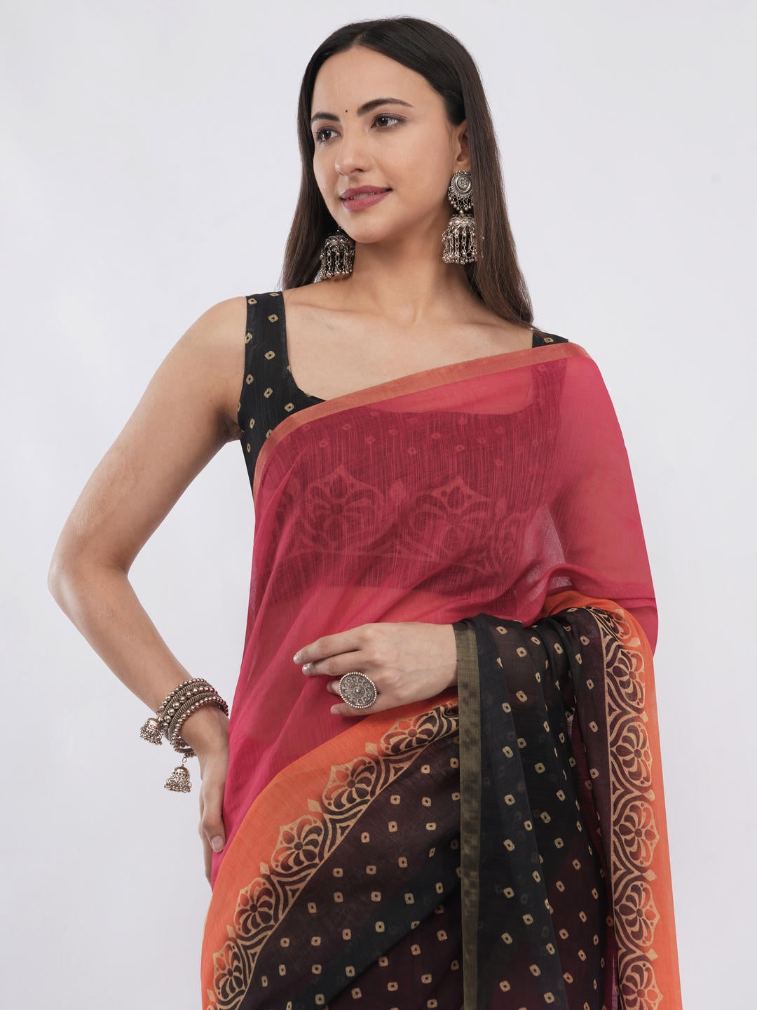 Samantha Off White Red And Orange Floral Geometric Printed Linen Fabric Saree With Unstitched Blouse Piece For Women Daily Office Wear