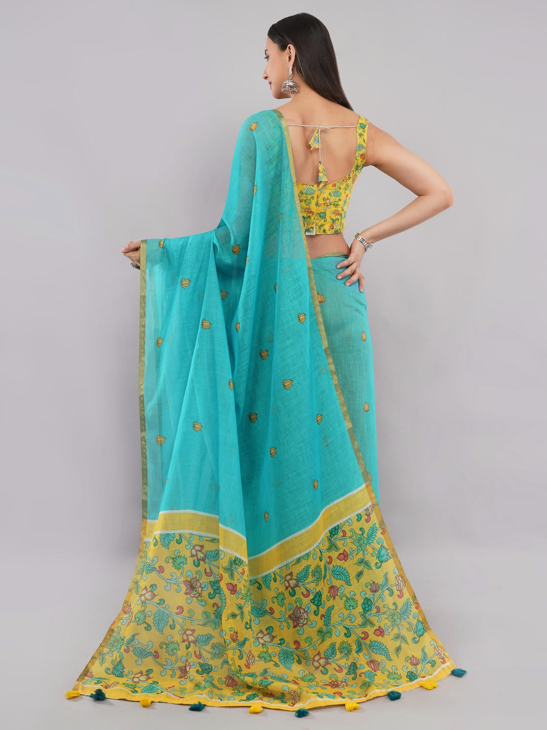 Samantha Off White And Blue Floral Geometric Printed Linen Fabric Saree With Unstitched Blouse Piece For Women Daily Office Wear