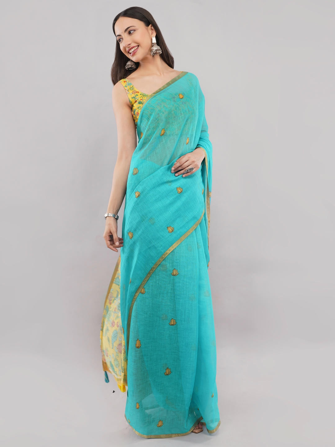 Samantha Off White And Blue Floral Geometric Printed Linen Fabric Saree With Unstitched Blouse Piece For Women Daily Office Wear