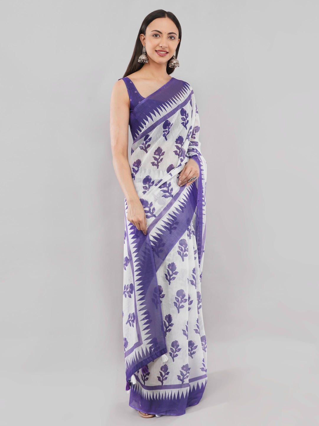 Samantha Off White And Violet Floral Geometric Printed Linen Fabric Saree With Unstitched Blouse Piece For Women Daily Office Wear