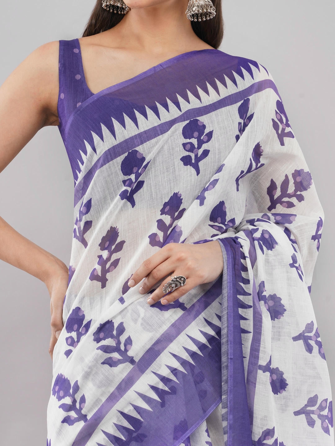 Samantha Off White And Violet Floral Geometric Printed Linen Fabric Saree With Unstitched Blouse Piece For Women Daily Office Wear
