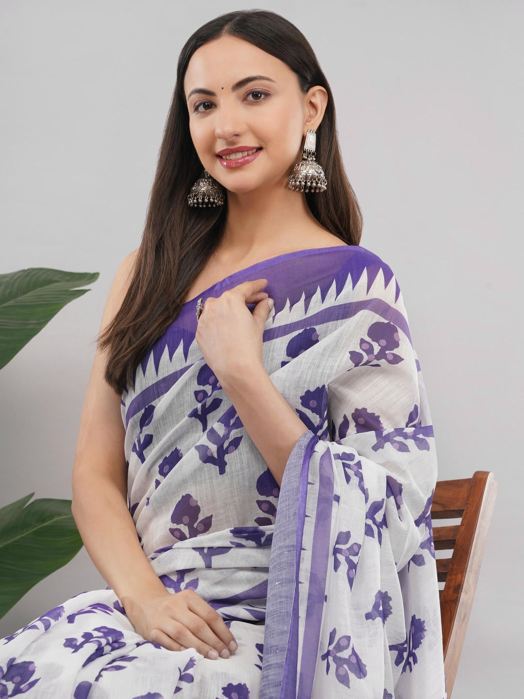 Samantha Off White And Violet Floral Geometric Printed Linen Fabric Saree With Unstitched Blouse Piece For Women Daily Office Wear