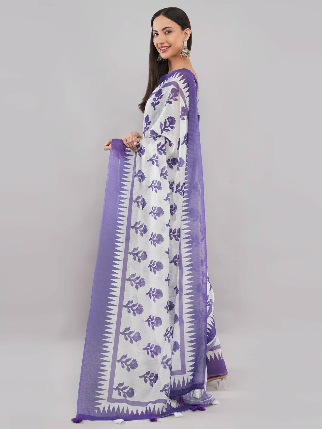 Samantha Off White And Violet Floral Geometric Printed Linen Fabric Saree With Unstitched Blouse Piece For Women Daily Office Wear