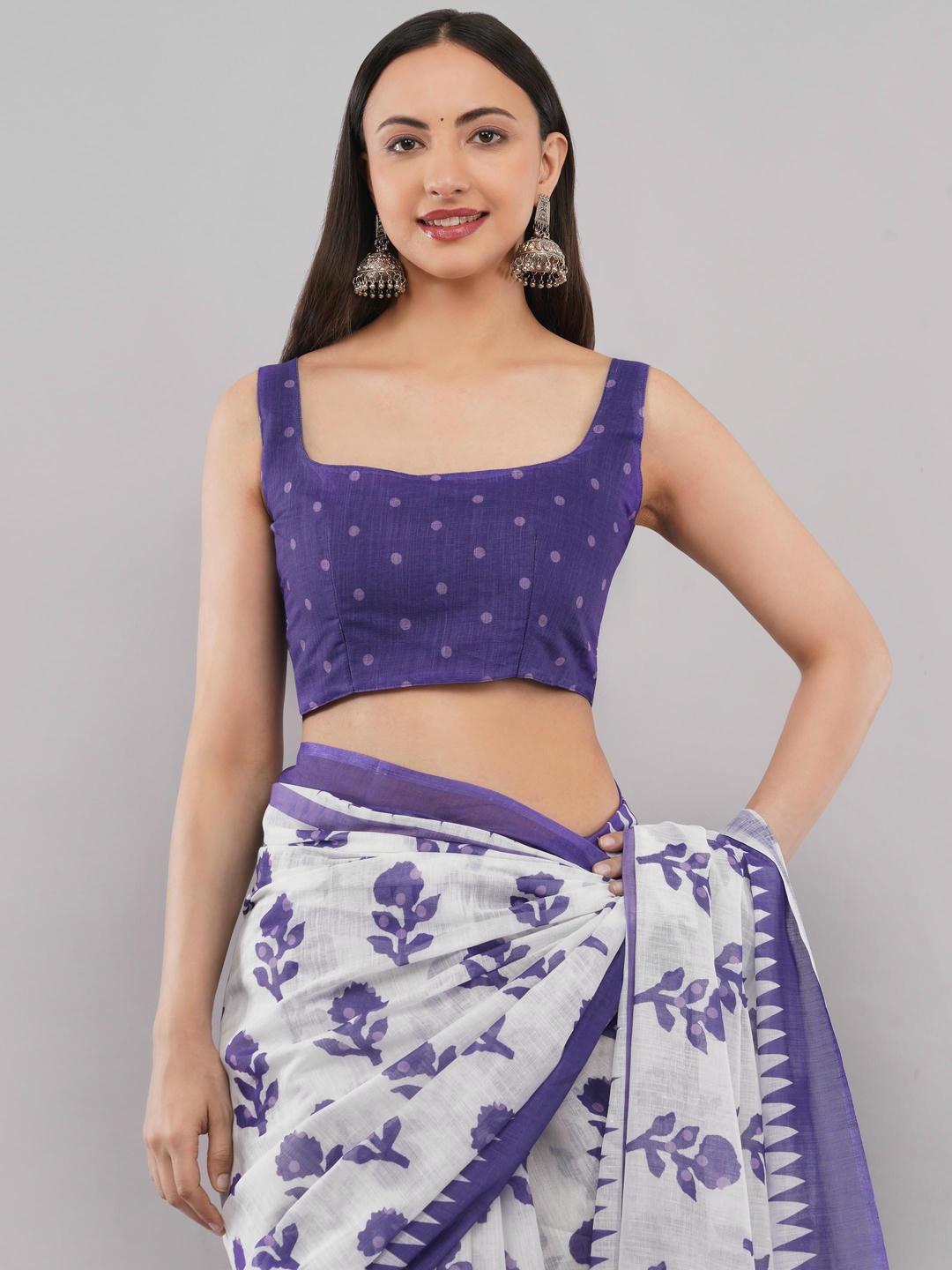 Samantha Off White And Violet Floral Geometric Printed Linen Fabric Saree With Unstitched Blouse Piece For Women Daily Office Wear