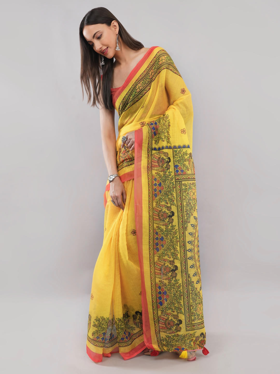 Samantha Off White And Yellow Floral Geometric Printed Linen Fabric Saree With Unstitched Blouse Piece For Women Daily Office Wear