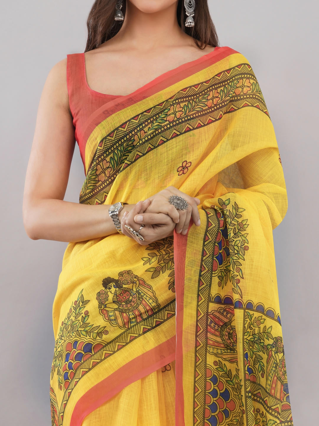 Samantha Off White And Yellow Floral Geometric Printed Linen Fabric Saree With Unstitched Blouse Piece For Women Daily Office Wear