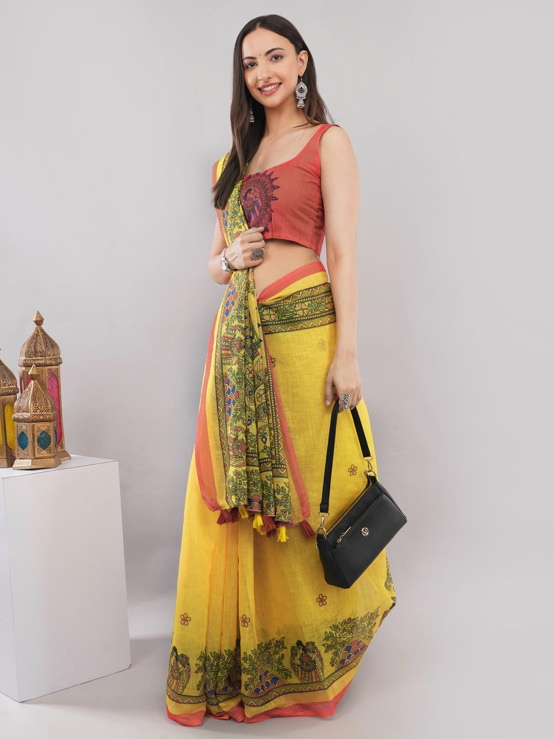Samantha Off White And Yellow Floral Geometric Printed Linen Fabric Saree With Unstitched Blouse Piece For Women Daily Office Wear