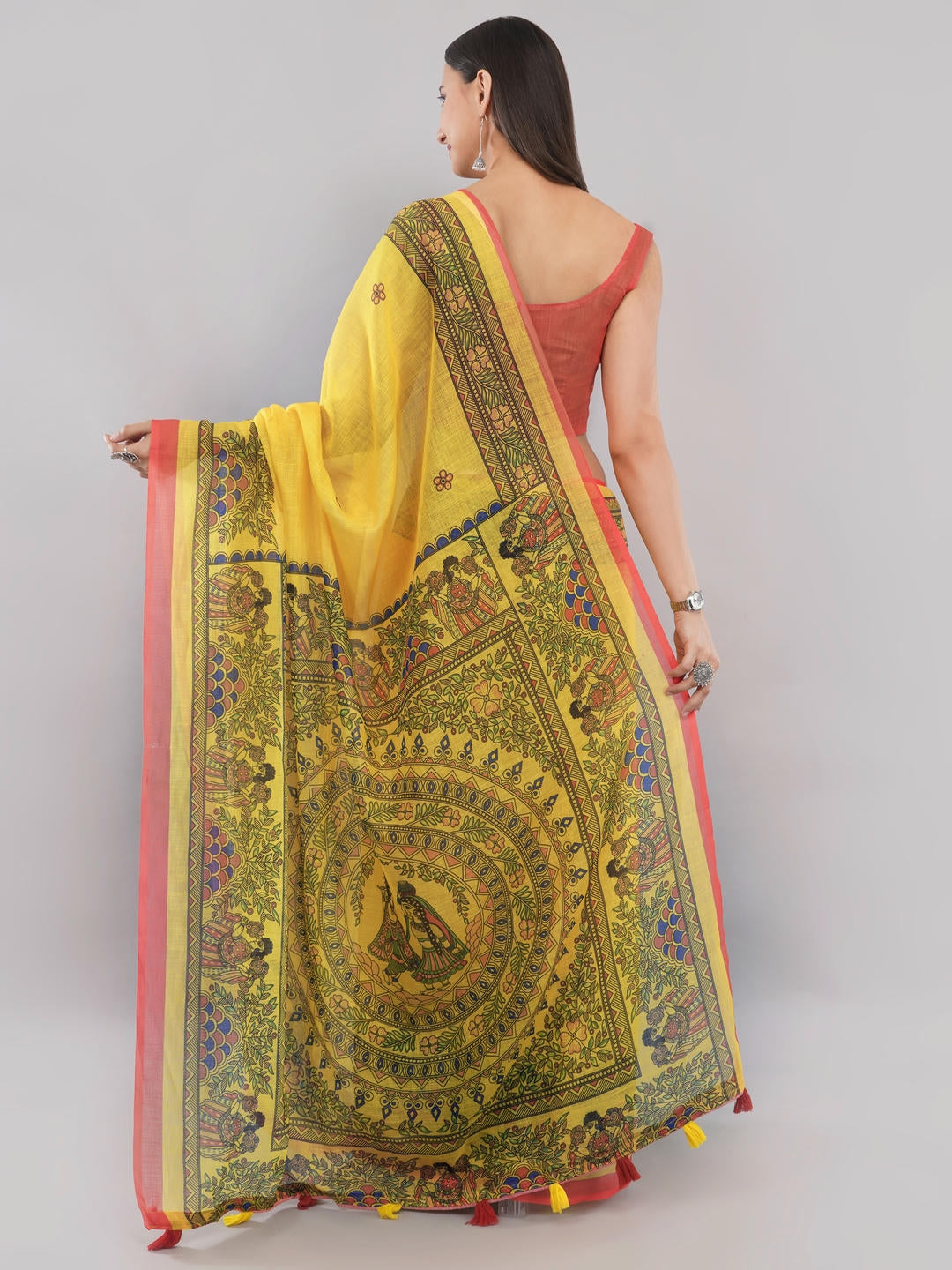 Samantha Off White And Yellow Floral Geometric Printed Linen Fabric Saree With Unstitched Blouse Piece For Women Daily Office Wear