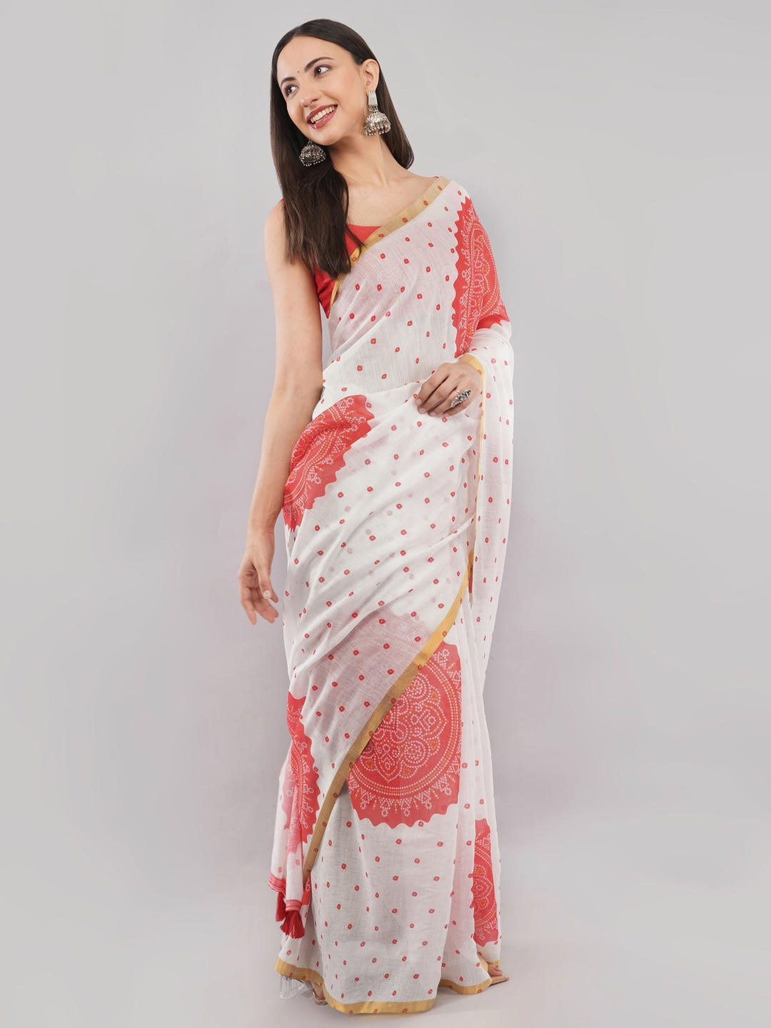 Samantha White And Red Bandhani Mandala Printed Linen Fabric Saree With Unstitched Blouse Piece For Women Daily Wear