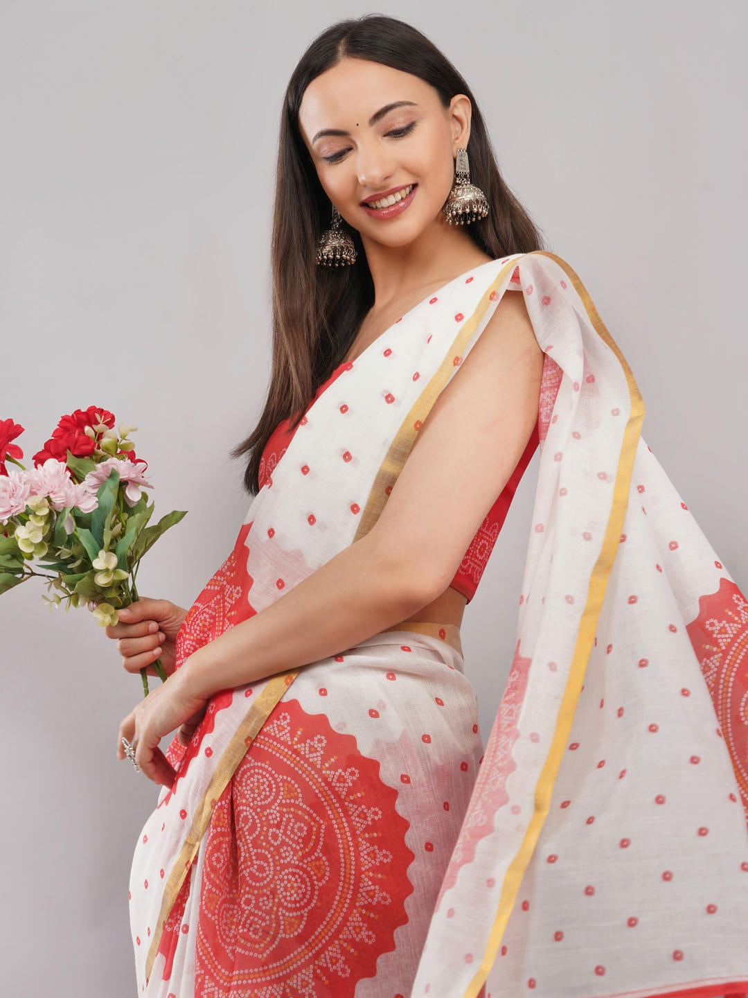 Samantha White And Red Bandhani Mandala Printed Linen Fabric Saree With Unstitched Blouse Piece For Women Daily Wear
