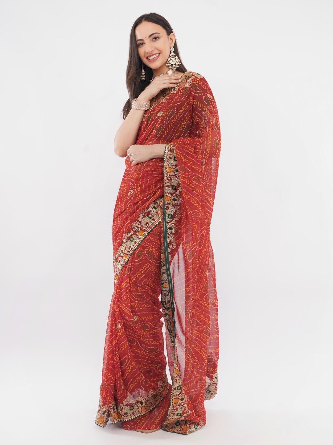 Samantha Deep Red And Gold Geometric Abstract Printed Georgette Saree With Unstitched Blouse Piece For Women Casual Wear